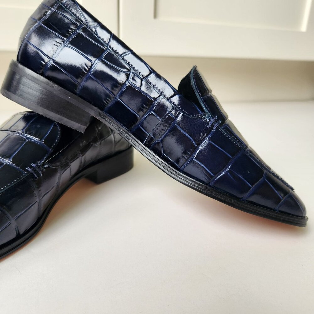 J.Crew Maison Navy Blue Crocodile-Embossed Italian Leather Loafers Work Classy - Picture 3 of 11
